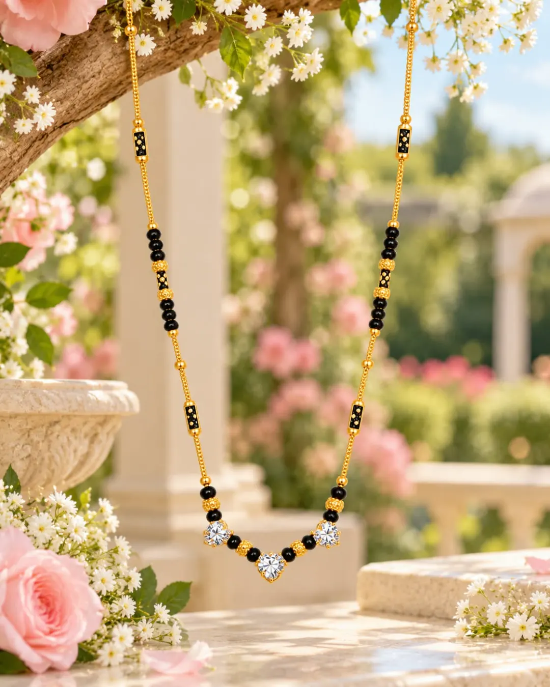 GOLD-TONE BLACK BEADED HEART CZ MANGALSUTRA
