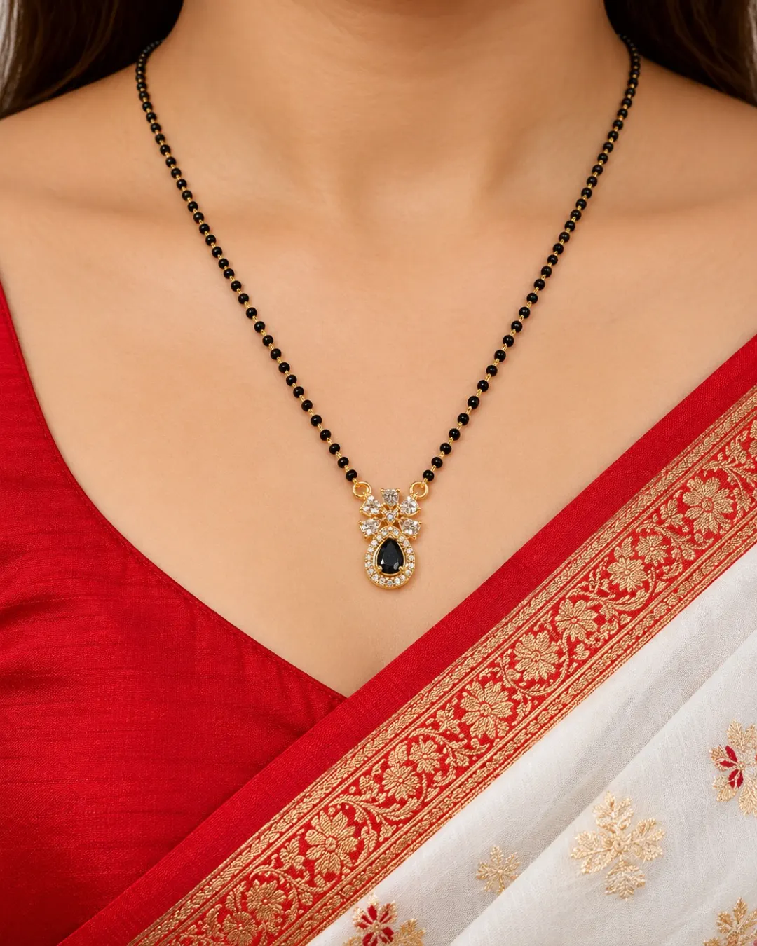 GOLD-TONE BLACK TEARDROP FLORAL MANGALSUTRA