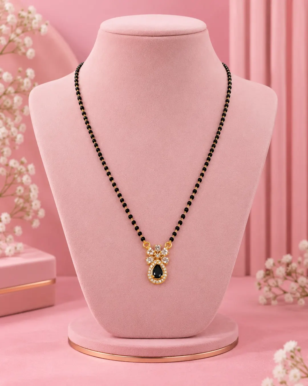 GOLD-TONE BLACK TEARDROP FLORAL MANGALSUTRA