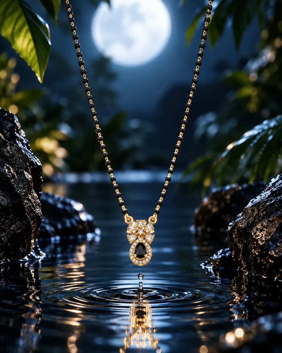 GOLD-TONE BLACK TEARDROP FLORAL MANGALSUTRA
