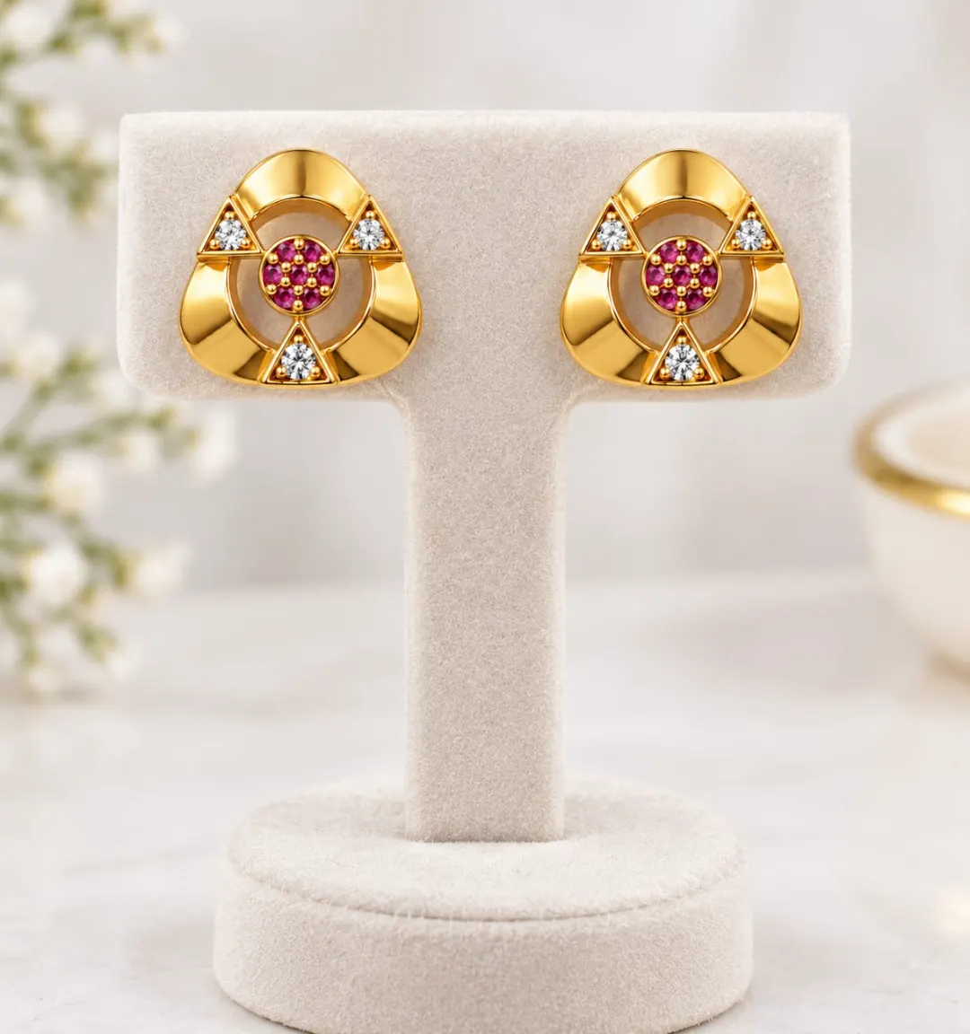 ROYAL RUBY GEOMETRIC STUD EARRINGS