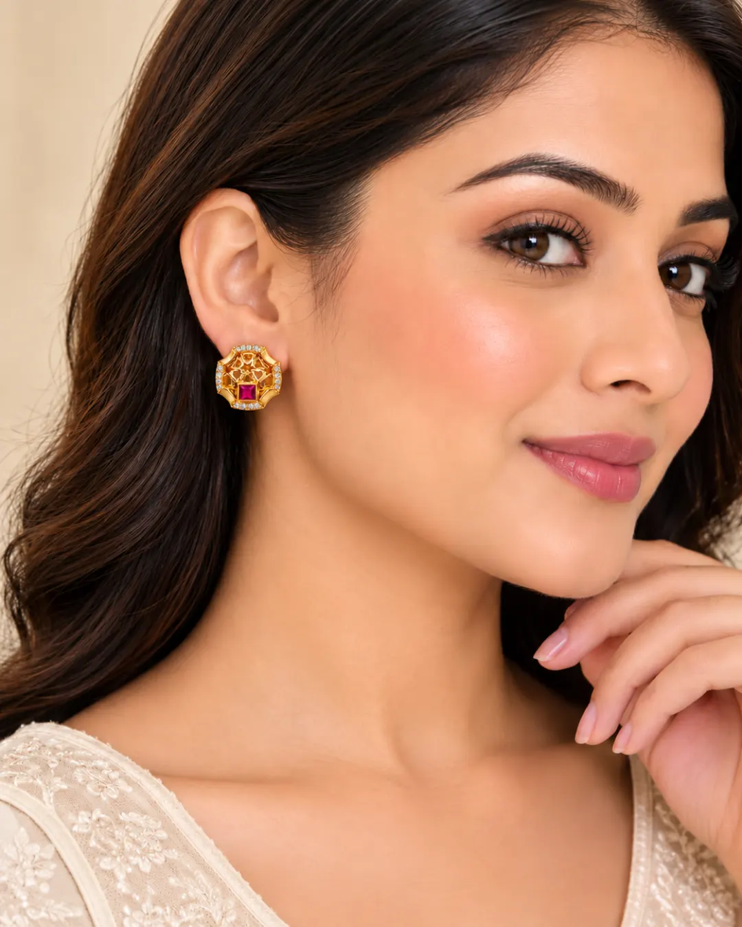 ROYAL RUBY FLORAL CRYSTAL STUD EARRINGS