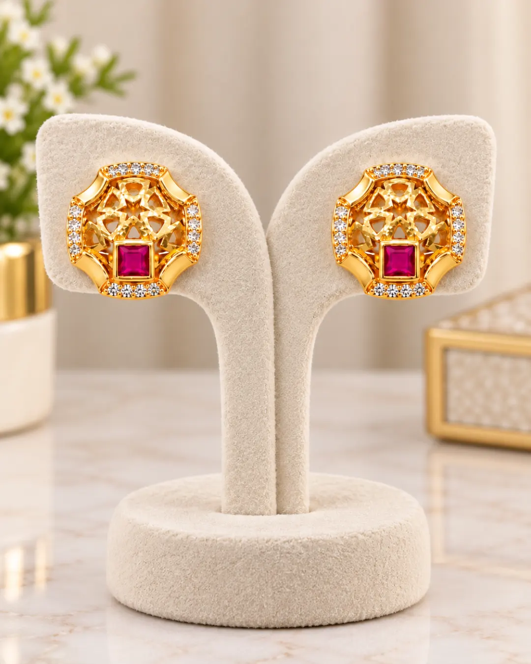 ROYAL RUBY FLORAL CRYSTAL STUD EARRINGS