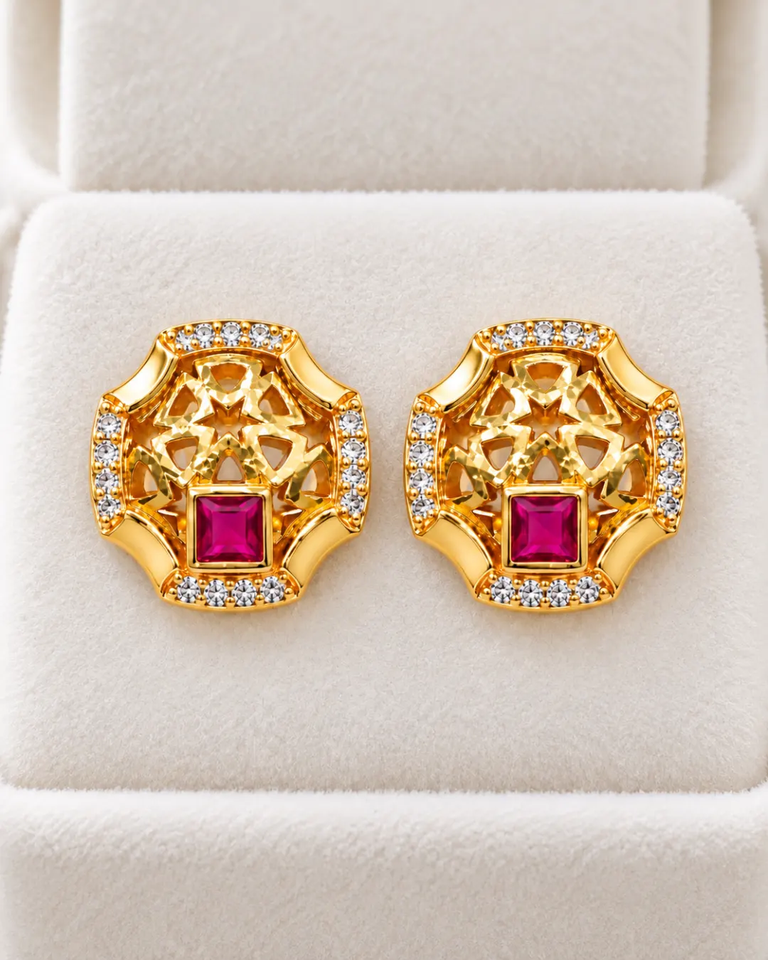 ROYAL RUBY FLORAL CRYSTAL STUD EARRINGS