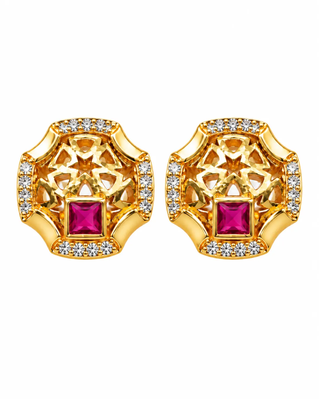 ROYAL RUBY FLORAL CRYSTAL STUD EARRINGS
