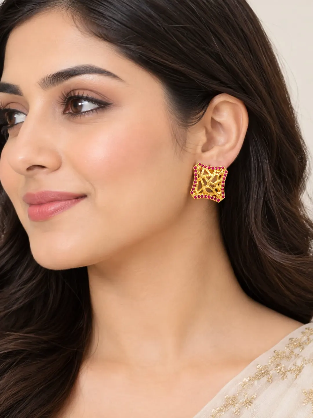 ROYAL RUBY FILIGREE SQUARE STUD EARRINGS