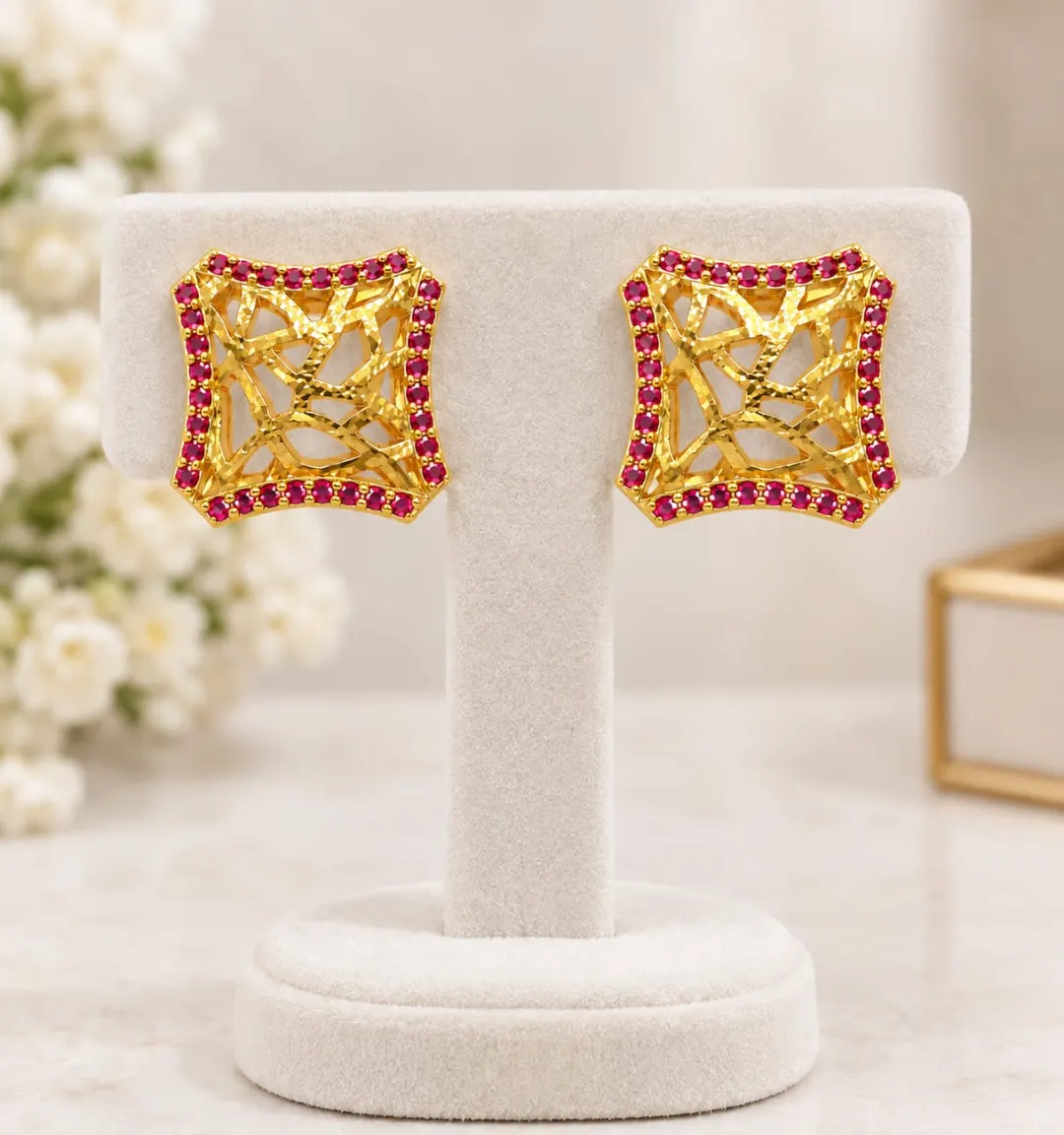ROYAL RUBY FILIGREE SQUARE STUD EARRINGS