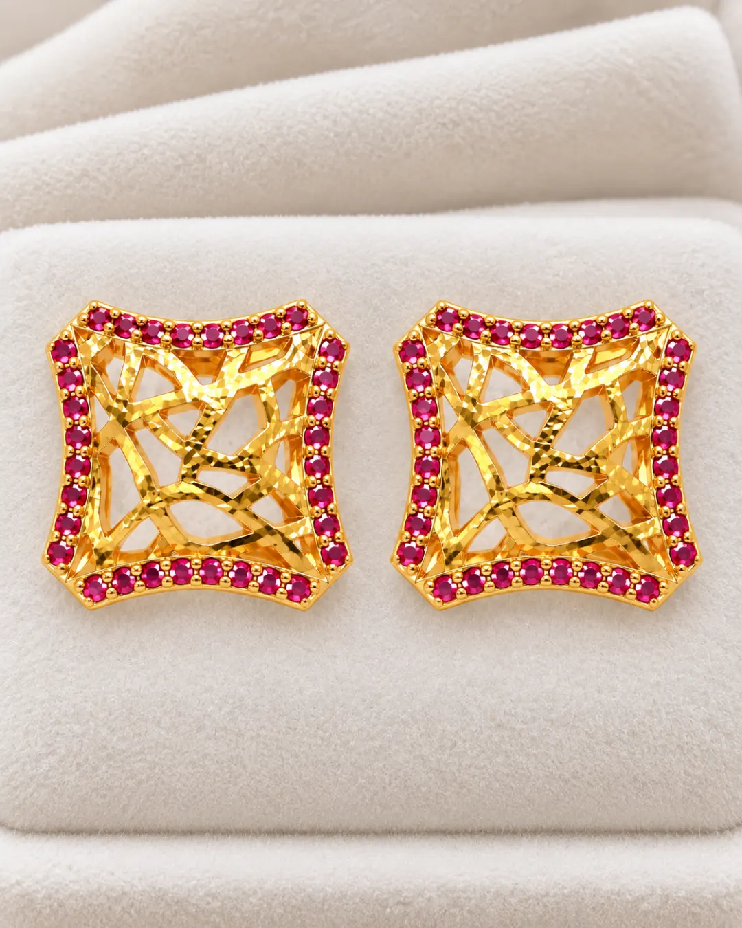 ROYAL RUBY FILIGREE SQUARE STUD EARRINGS