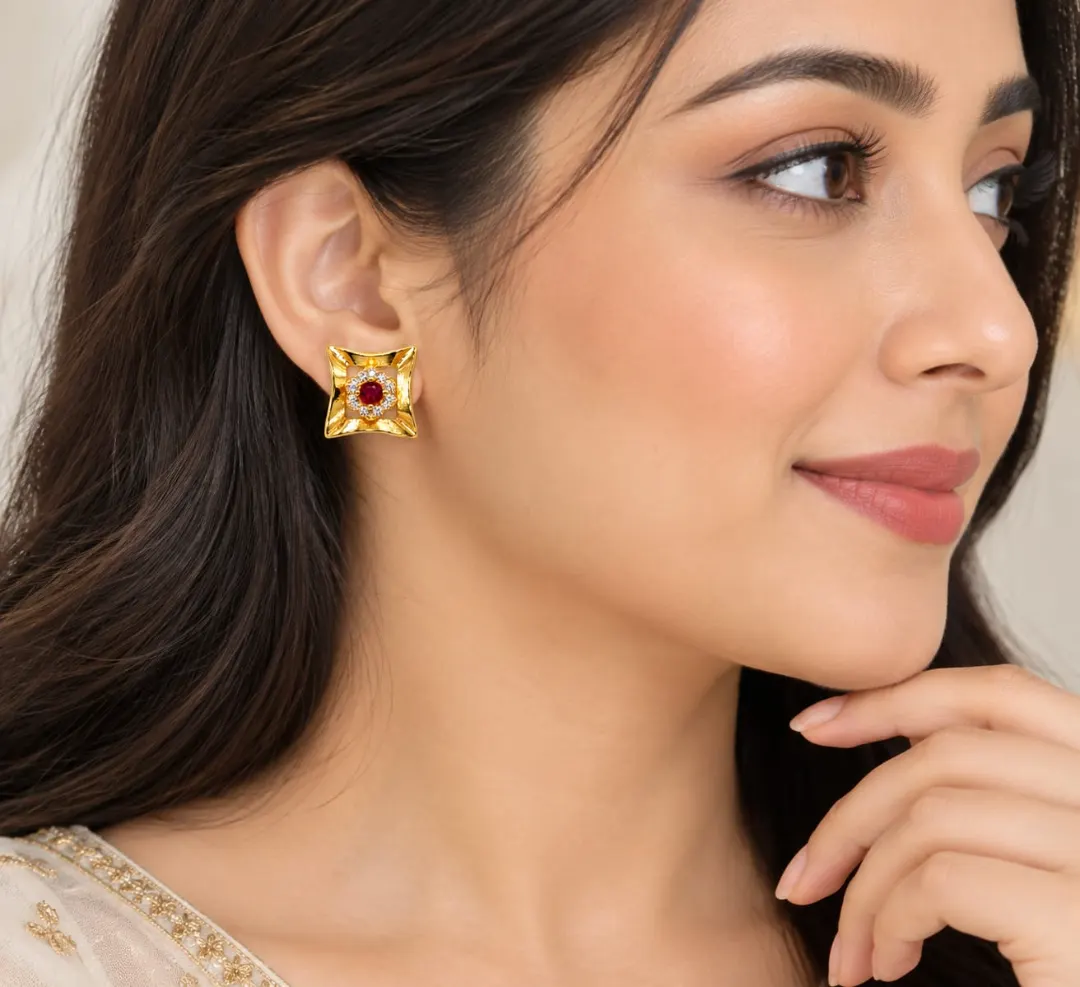 REGAL RUBY BLOSSOM SQUARE STUD EARRINGS