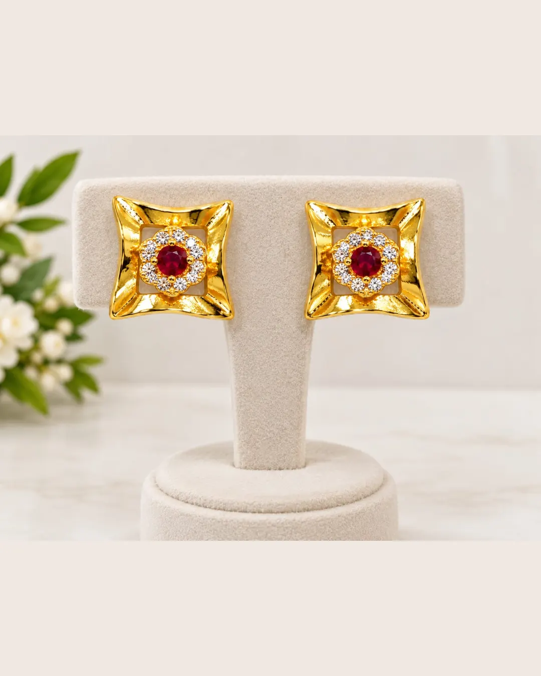 REGAL RUBY BLOSSOM SQUARE STUD EARRINGS