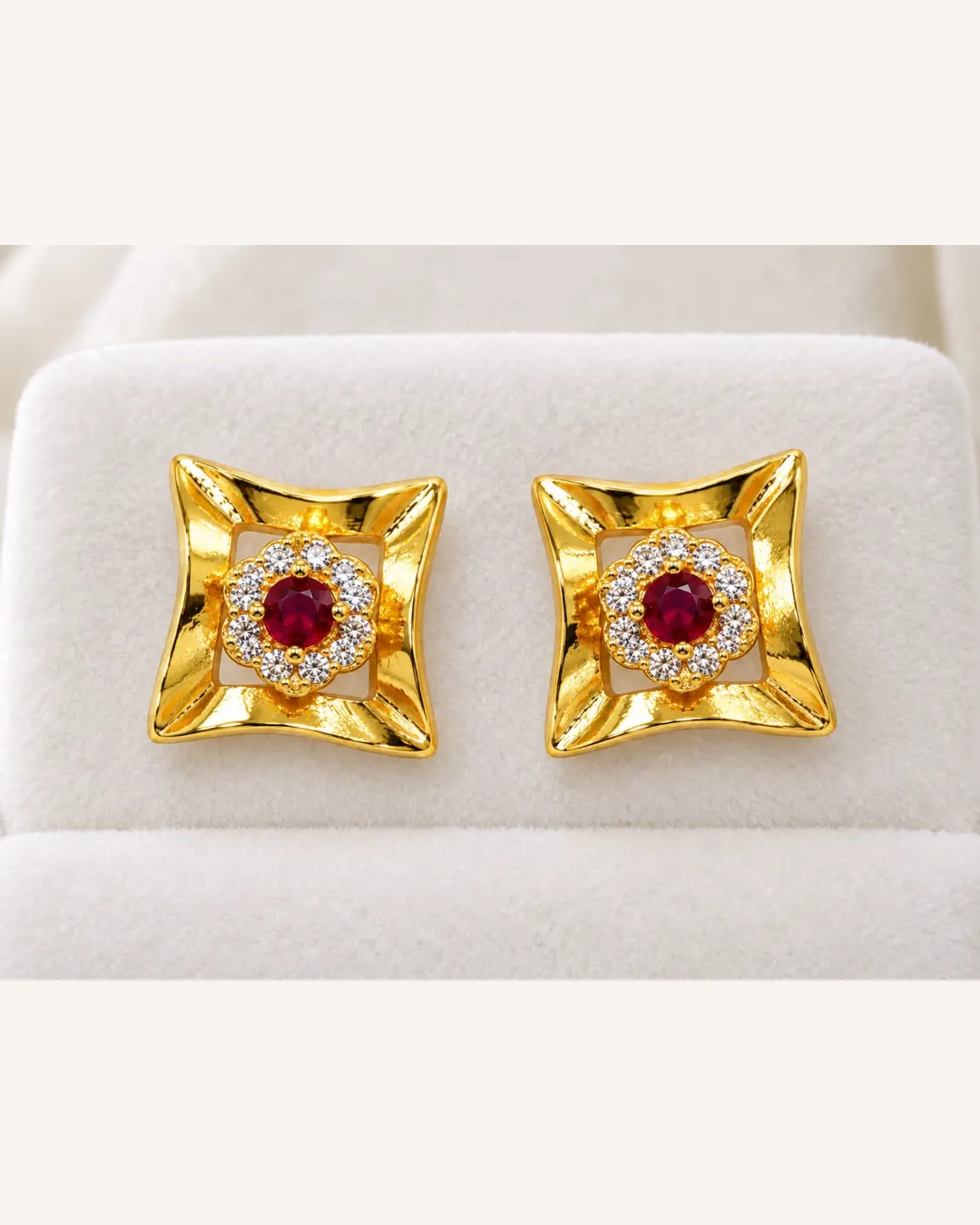 REGAL RUBY BLOSSOM SQUARE STUD EARRINGS