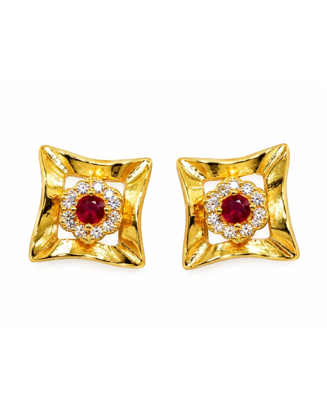 REGAL RUBY BLOSSOM SQUARE STUD EARRINGS