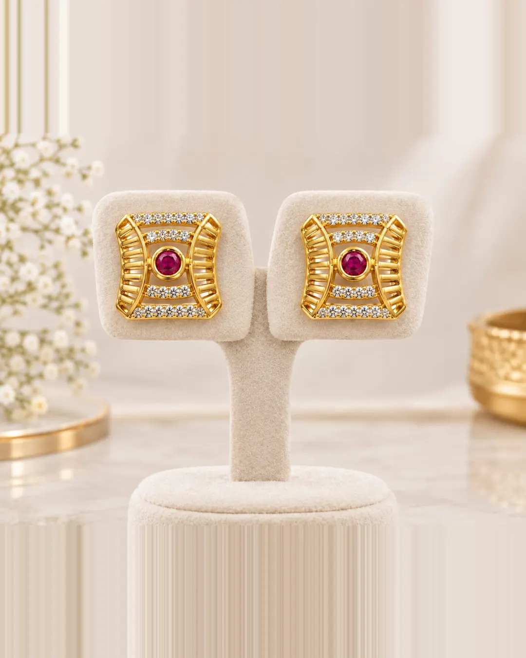 REGAL RUBY RADIANCE SQUARE STUD EARRINGS