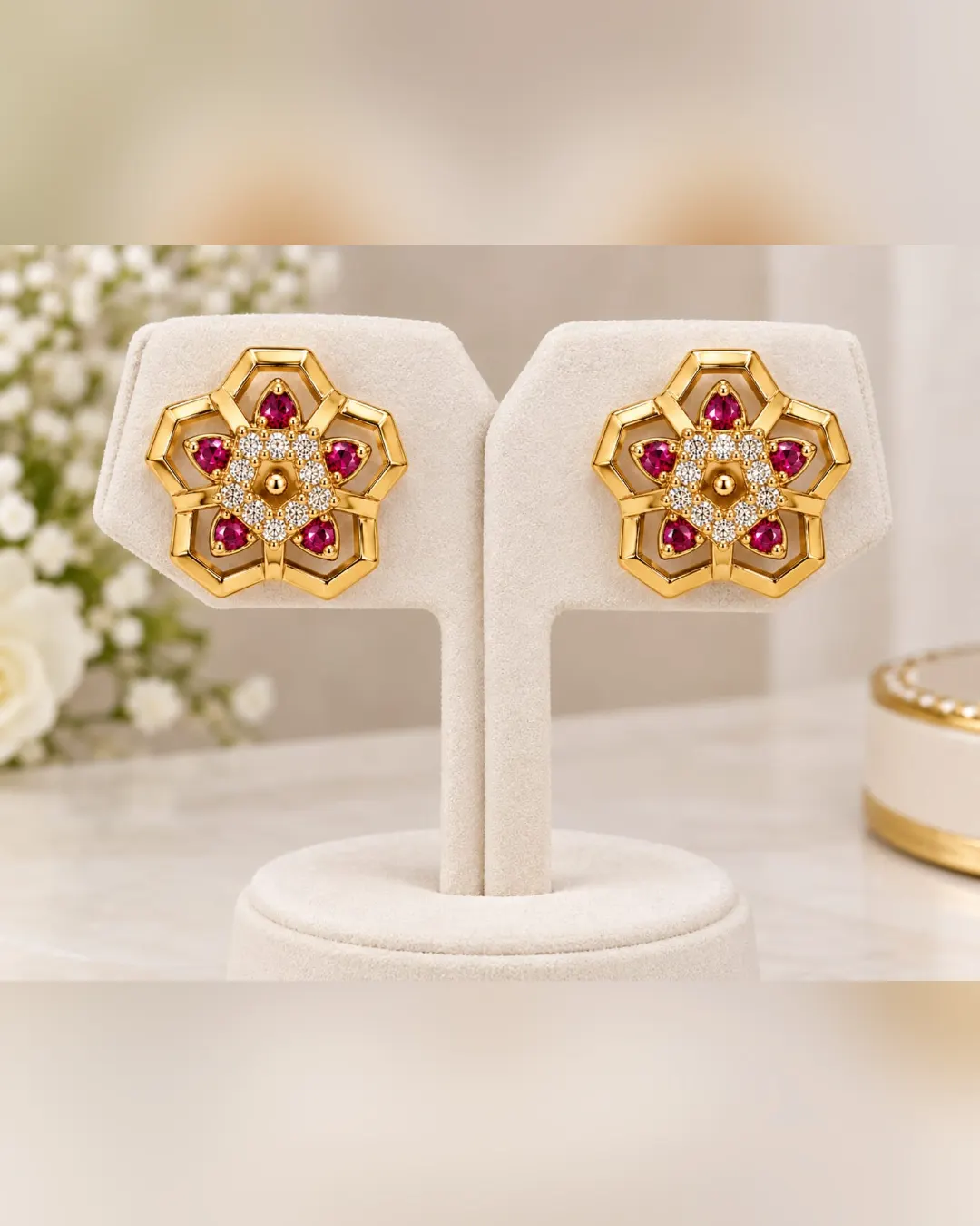 ROYAL RUBY FLORAL BLOOM STUD EARRINGS