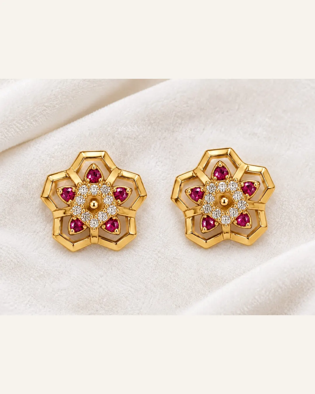 ROYAL RUBY FLORAL BLOOM STUD EARRINGS