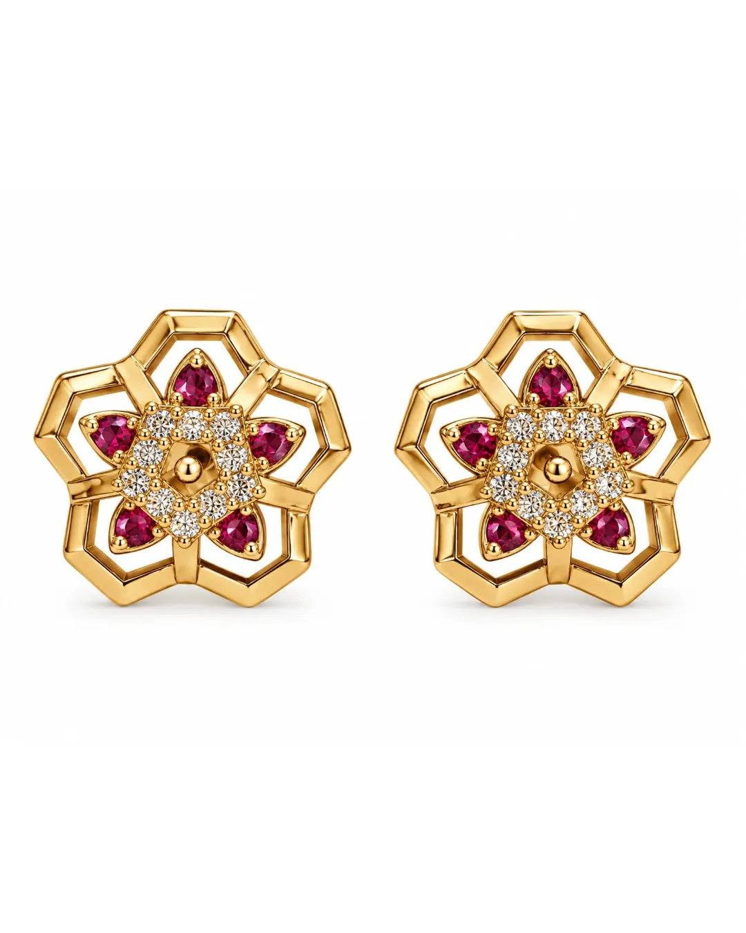 ROYAL RUBY FLORAL BLOOM STUD EARRINGS