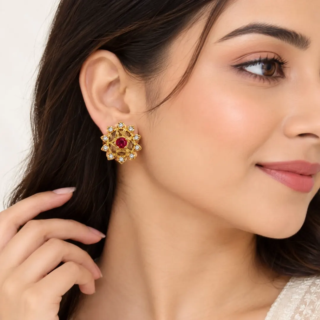 ROYAL RUBY SUNFLOWER CRYSTAL STUD EARRINGS
