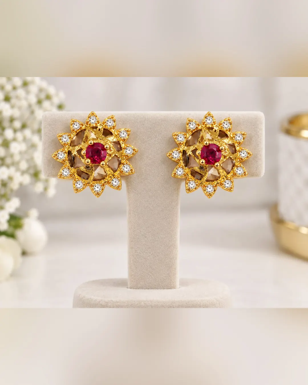 ROYAL RUBY SUNFLOWER CRYSTAL STUD EARRINGS