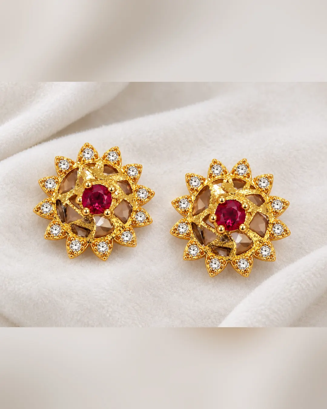 ROYAL RUBY SUNFLOWER CRYSTAL STUD EARRINGS