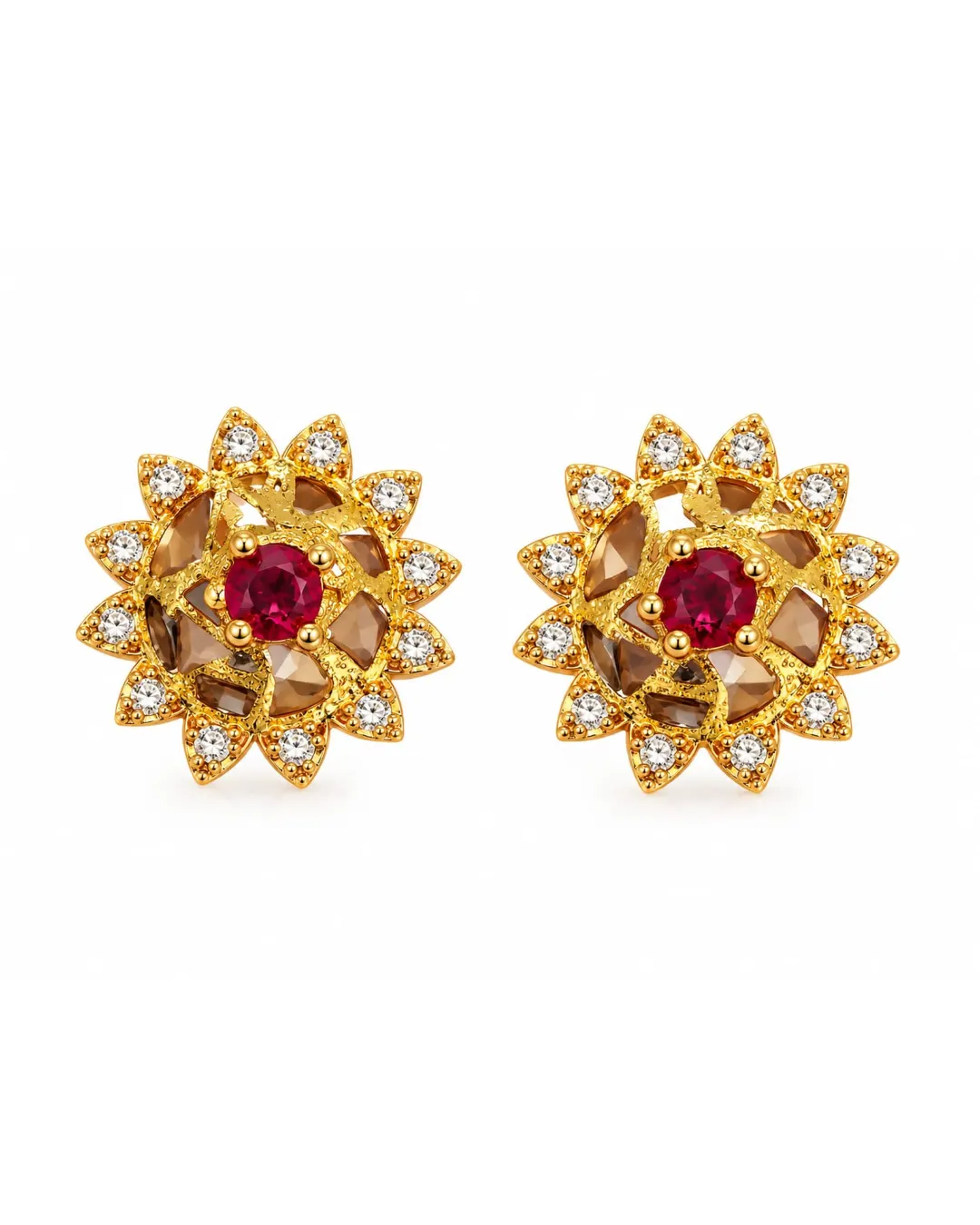 ROYAL RUBY SUNFLOWER CRYSTAL STUD EARRINGS