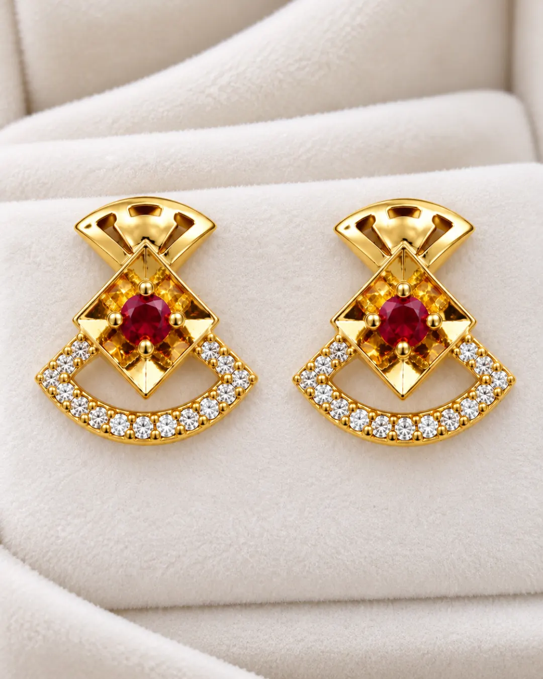 REGAL RUBY FAN CRYSTAL STUD EARRINGS