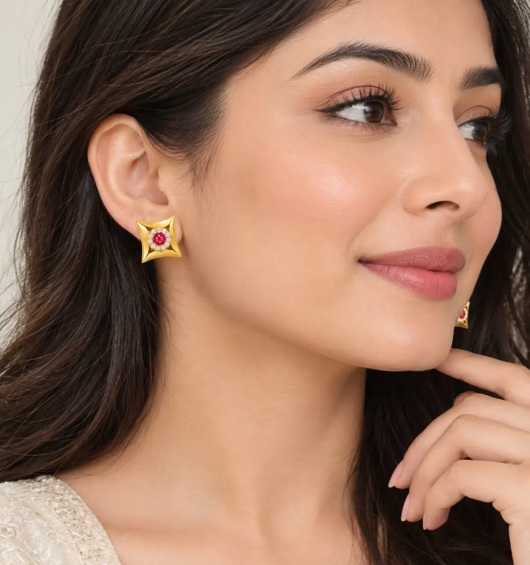 ROYAL RUBY FLORAL SQUARE STUD EARRINGS