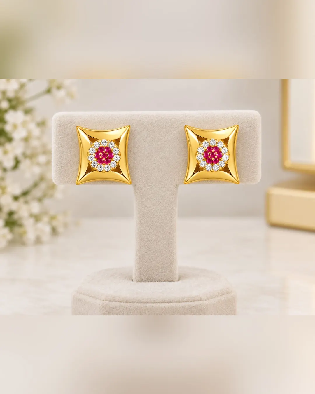 ROYAL RUBY FLORAL SQUARE STUD EARRINGS