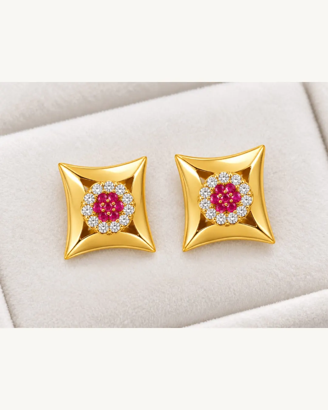 ROYAL RUBY FLORAL SQUARE STUD EARRINGS