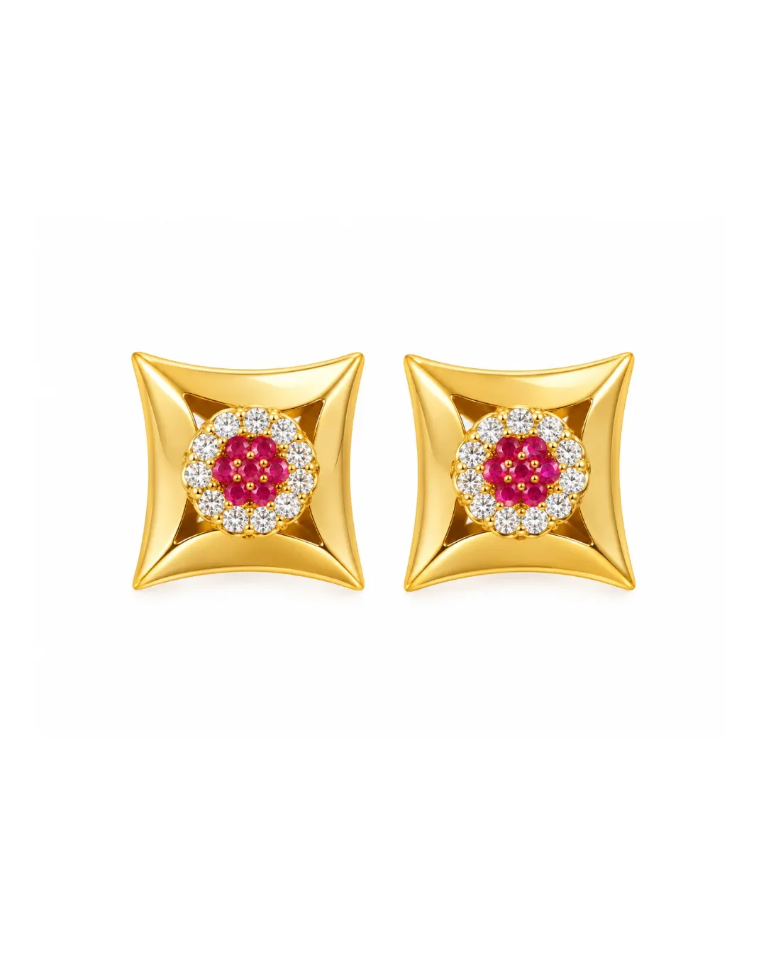 ROYAL RUBY FLORAL SQUARE STUD EARRINGS