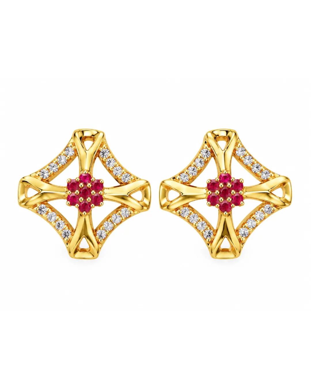 GOLDEN FLORAL GEOMETRIC STUD EARRINGS