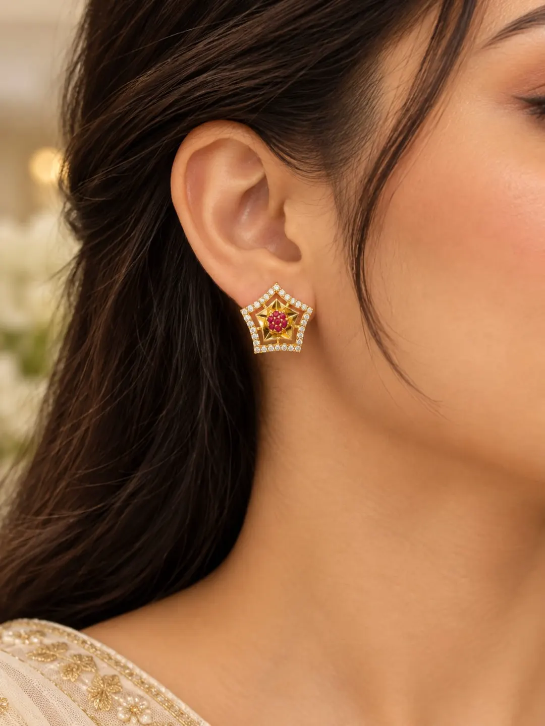 GOLDEN STAR-SHAPED PINK STONE STUD EARRINGS