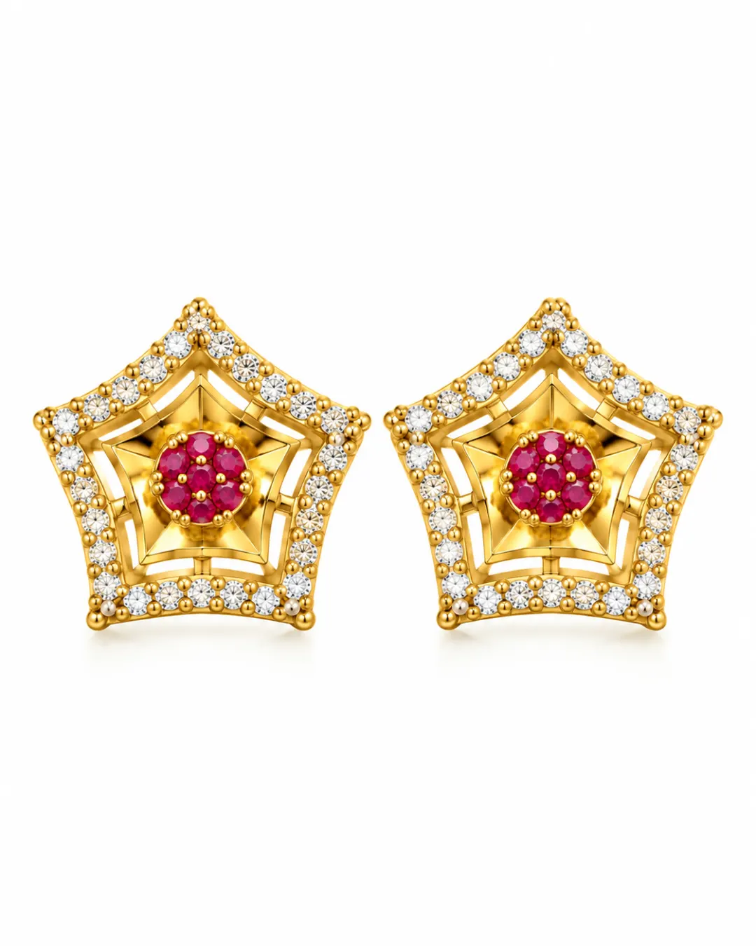 GOLDEN STAR-SHAPED PINK STONE STUD EARRINGS