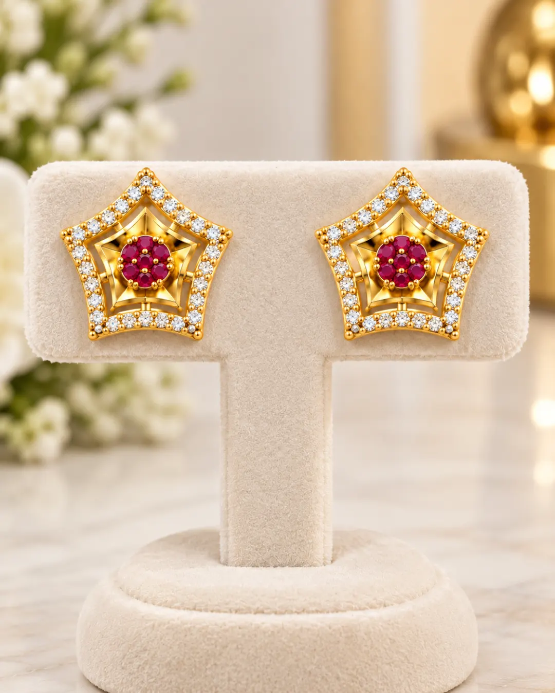 GOLDEN STAR-SHAPED PINK STONE STUD EARRINGS