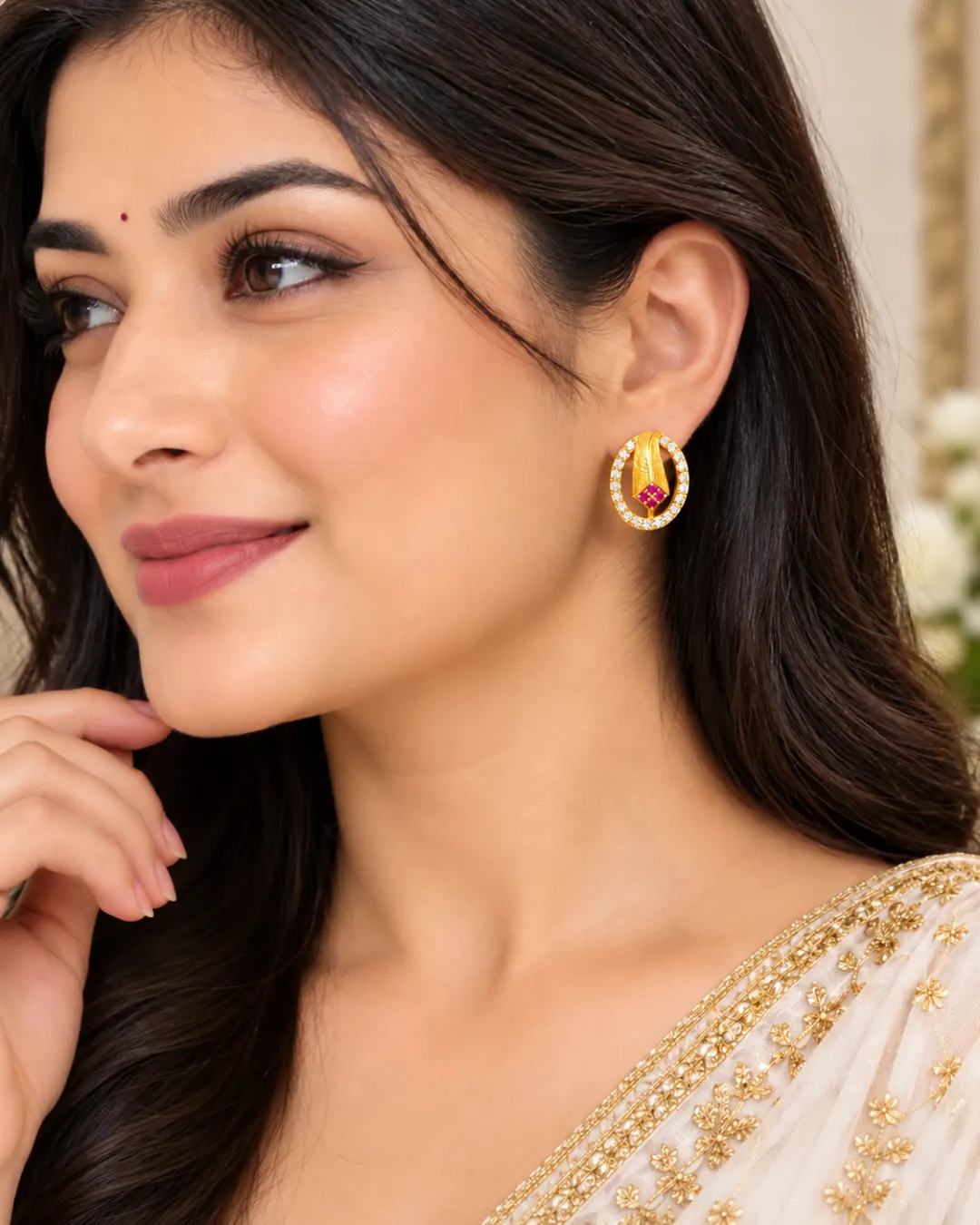 GOLDEN OVAL-SHAPED RED STONE STUD EARRINGS