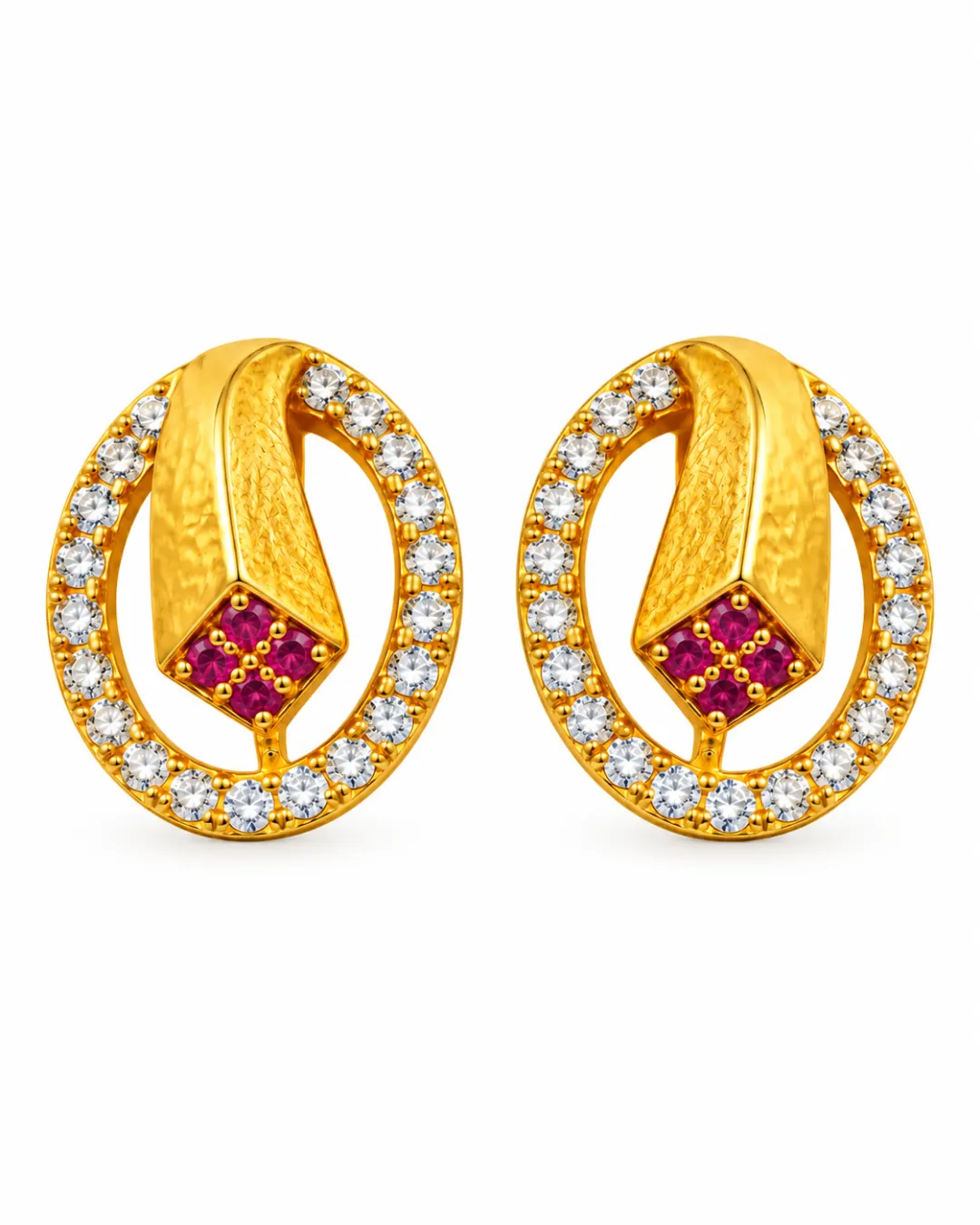 GOLDEN OVAL-SHAPED RED STONE STUD EARRINGS