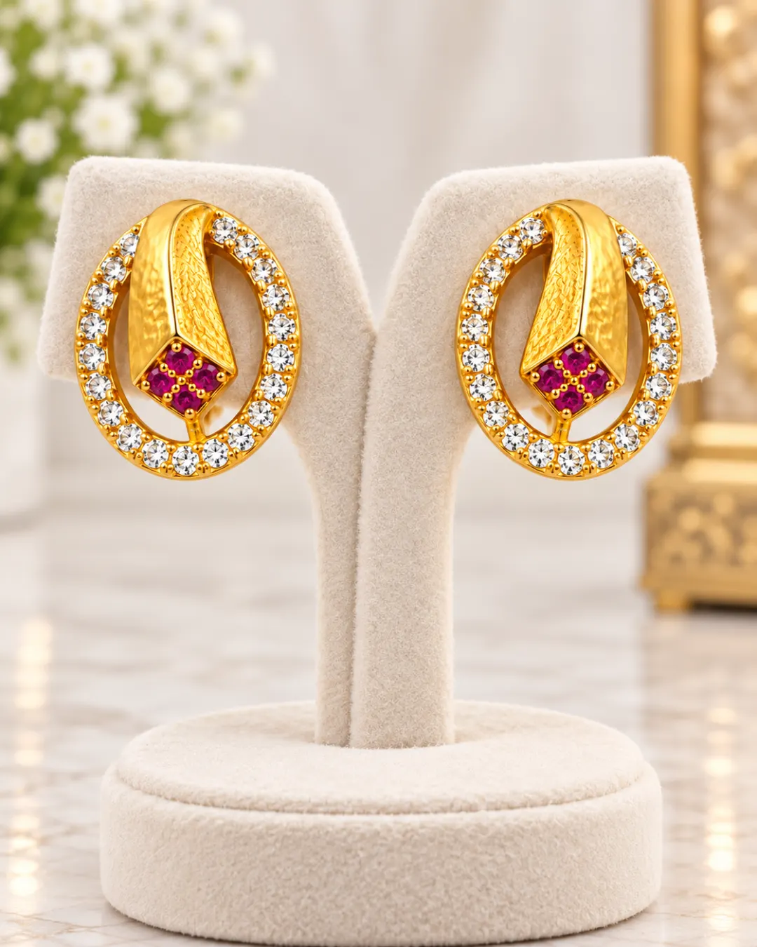 GOLDEN OVAL-SHAPED RED STONE STUD EARRINGS