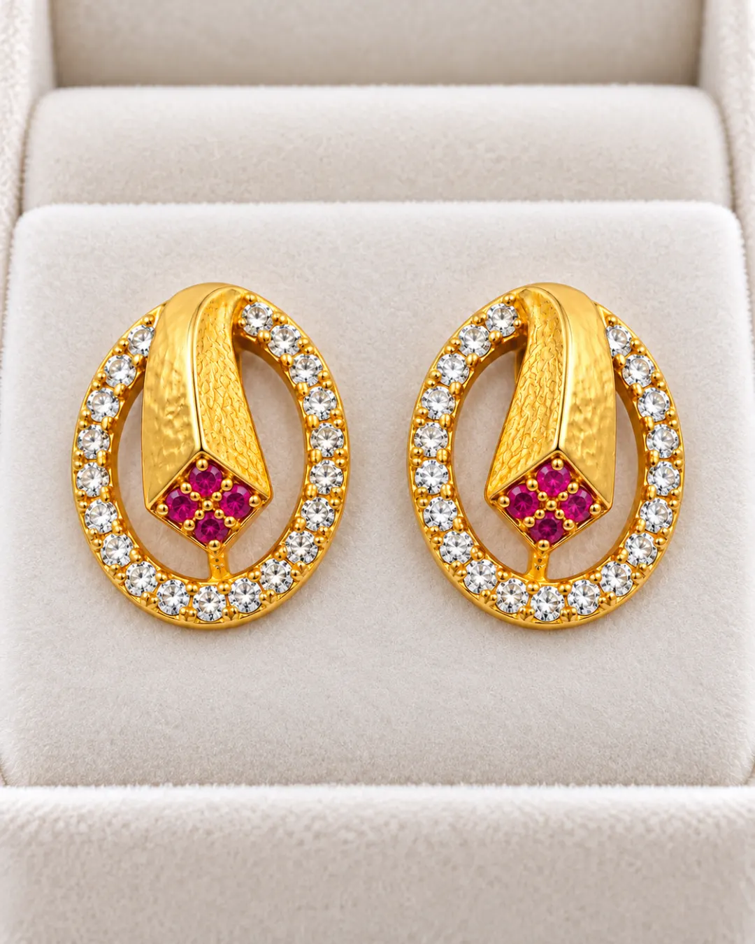 GOLDEN OVAL-SHAPED RED STONE STUD EARRINGS