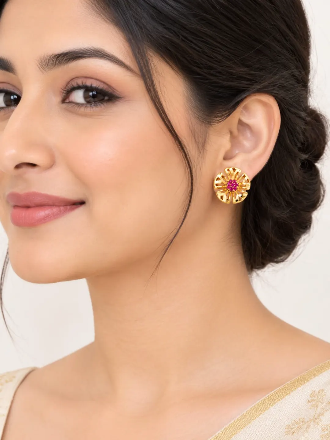 GOLD FLORAL PINK STONE STUD EARRINGS