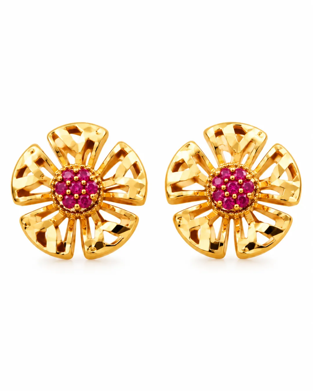 GOLD FLORAL PINK STONE STUD EARRINGS