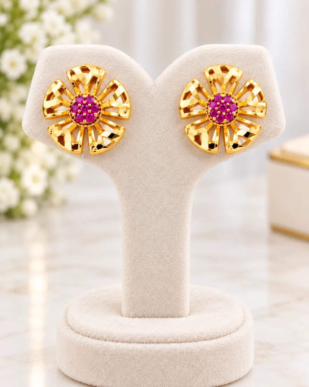 GOLD FLORAL PINK STONE STUD EARRINGS