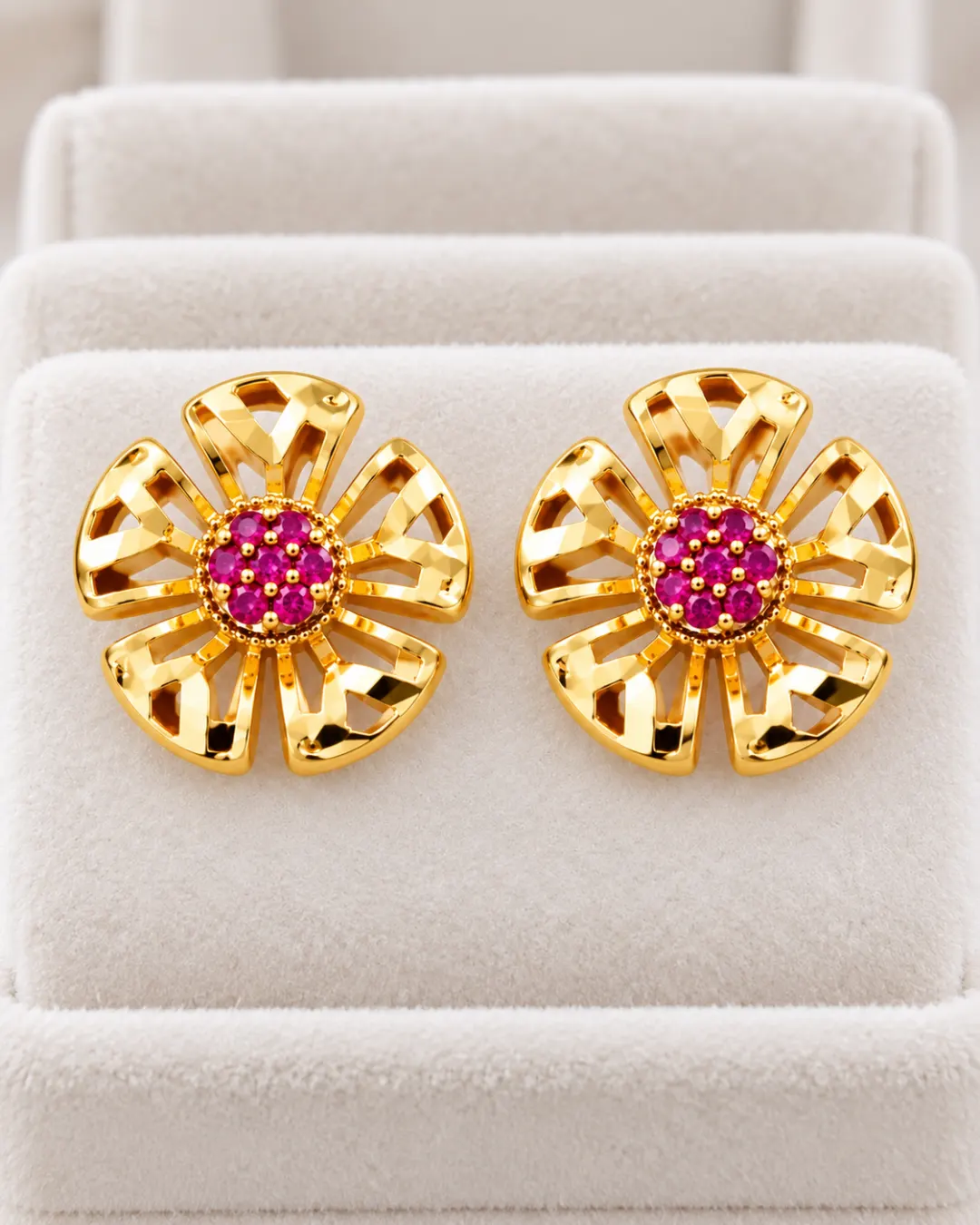 GOLD FLORAL PINK STONE STUD EARRINGS