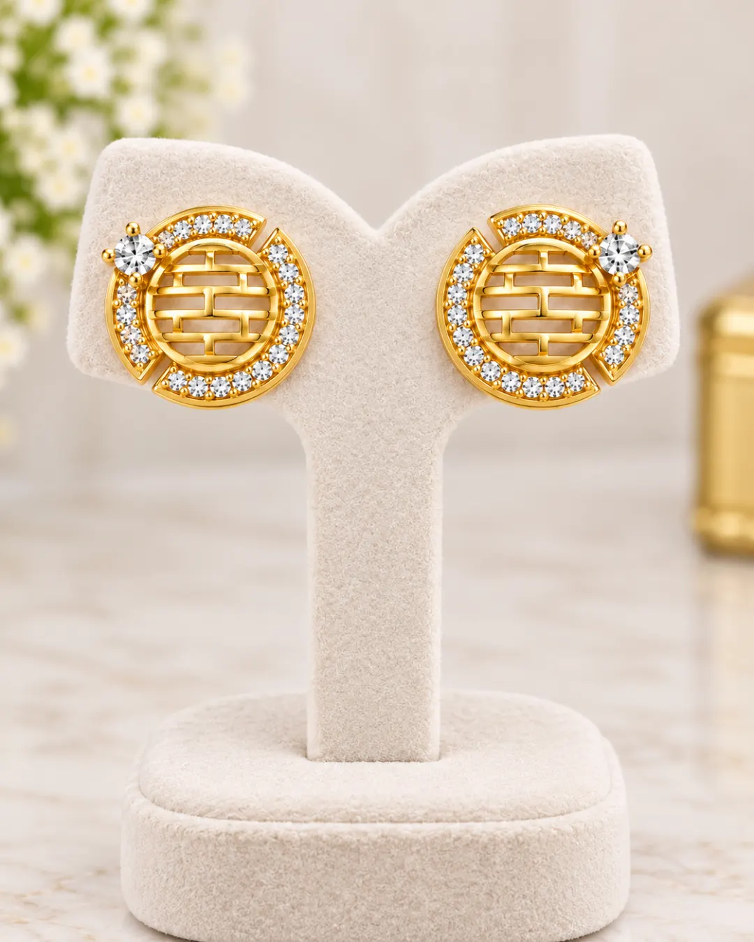 GOLDEN OVAL STRIPED DESIGN STUD EARRINGS