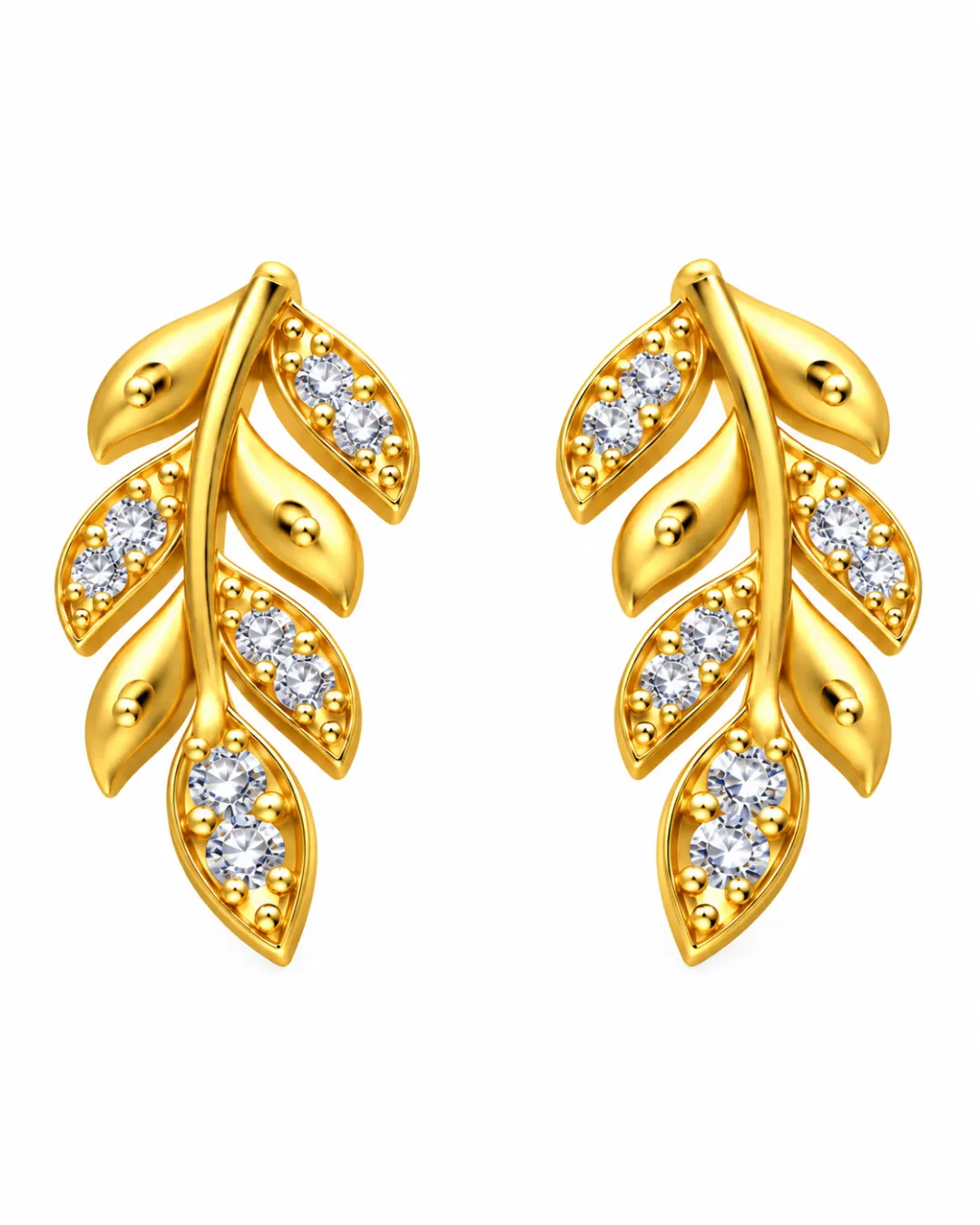 GOLDEN LEAF DESIGN STUD EARRINGS WITH CRYSTAL STONES