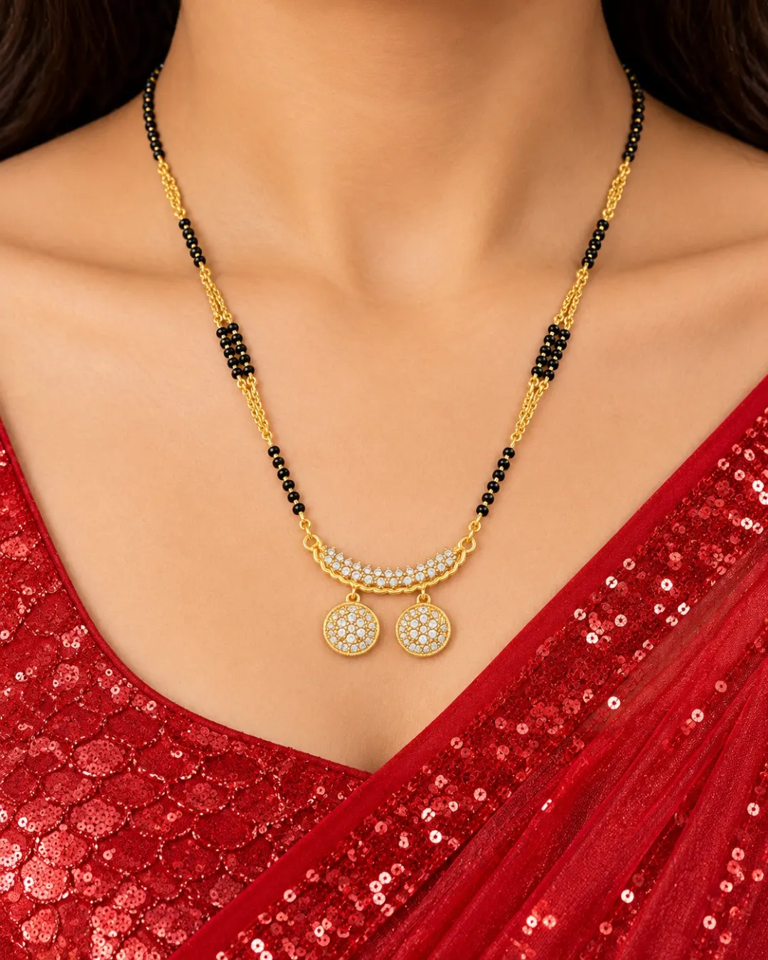 GOLD PLATED BLACK BEADS DOUBLE COIN PE NDANT MANGALSUTRA