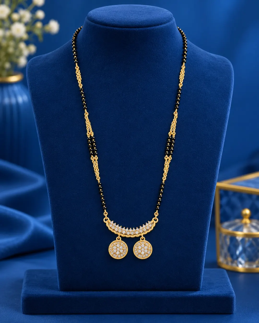 GOLD PLATED BLACK BEADS DOUBLE COIN PE NDANT MANGALSUTRA