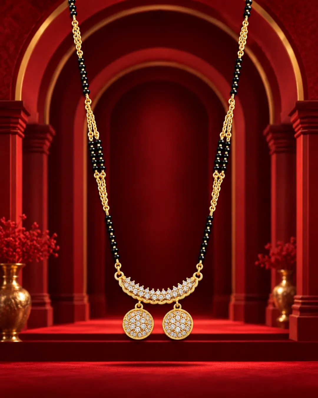 GOLD PLATED BLACK BEADS DOUBLE COIN PE NDANT MANGALSUTRA