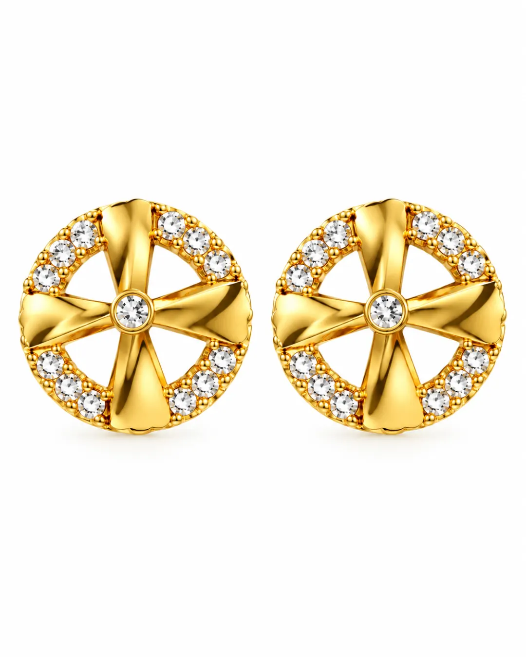 GOLDEN FLORAL WHEEL SPARKLE STUD EARRINGS