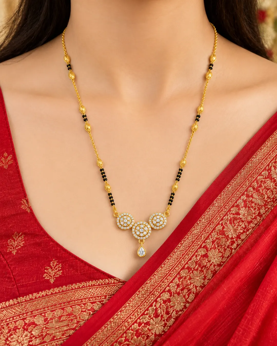 GOLD PLATED BLACK BEADS TRIPLE FLORAL MANGALSUTRA