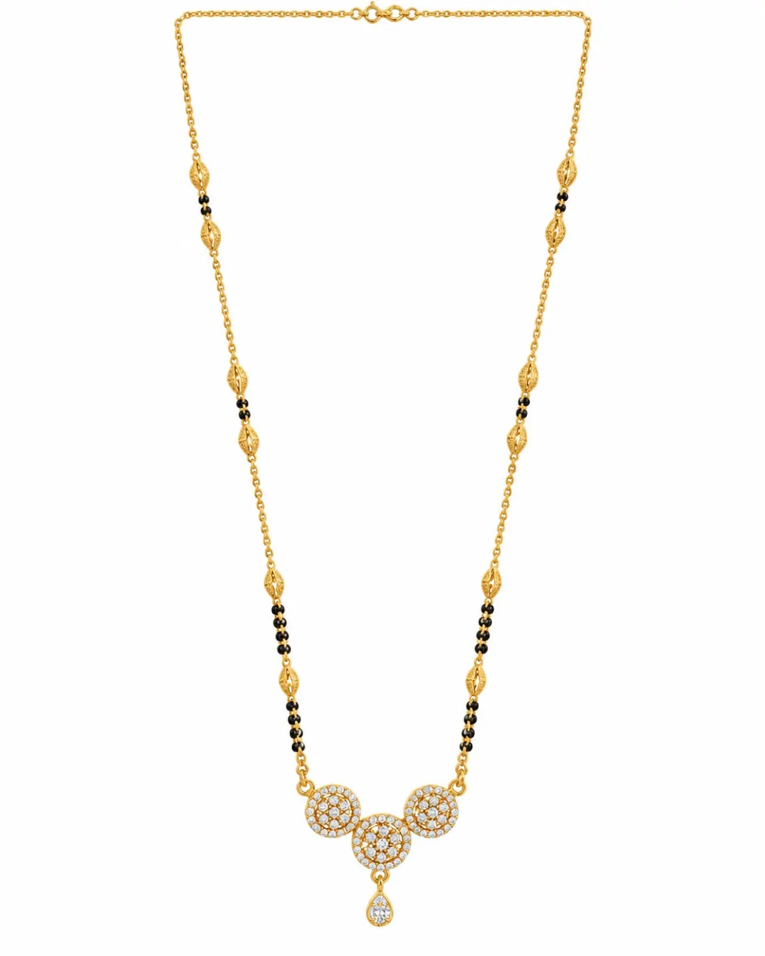 GOLD  PLATED BLACK BEADS TRIPLE FLORAL MANGALSUTRA