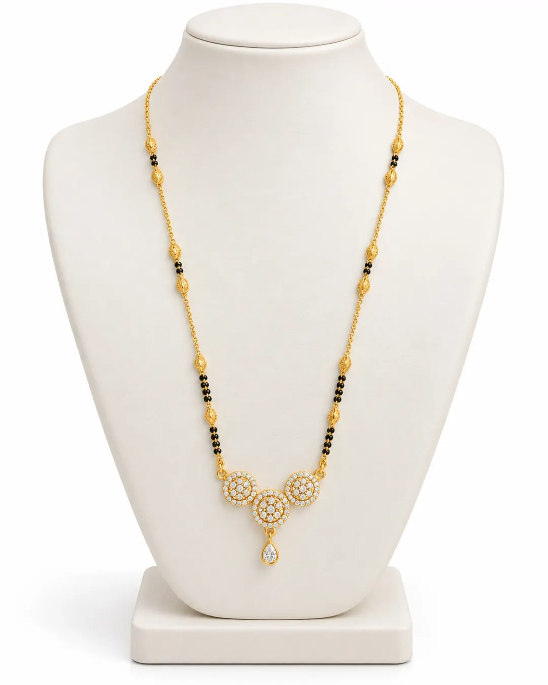 GOLD  PLATED BLACK BEADS TRIPLE FLORAL MANGALSUTRA